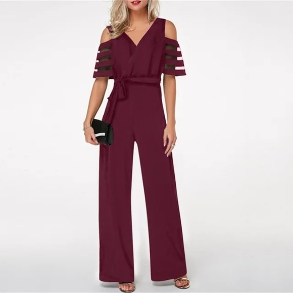 Christmas Cold Shoulder Wrap Sheer Mesh Sleeve Wide Leg Jumpsuit Size L Wine - Picture 9 of 9